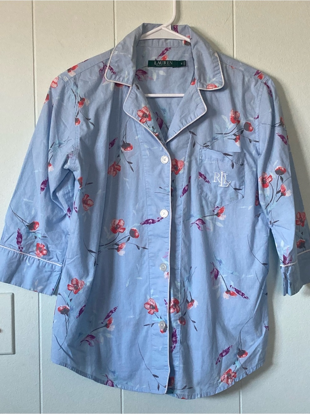 Ralph Lauren SZ S Light Blue Floral Pajamas with Pink & Red Blossoms 100% Cotton